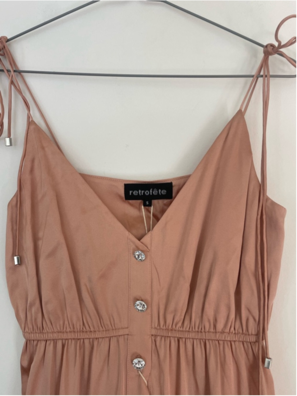 RETROFÊTE Diane Silk Mini Dress Dusty Rose Rhinestone Button Slip Size S - Picture 8 of 9